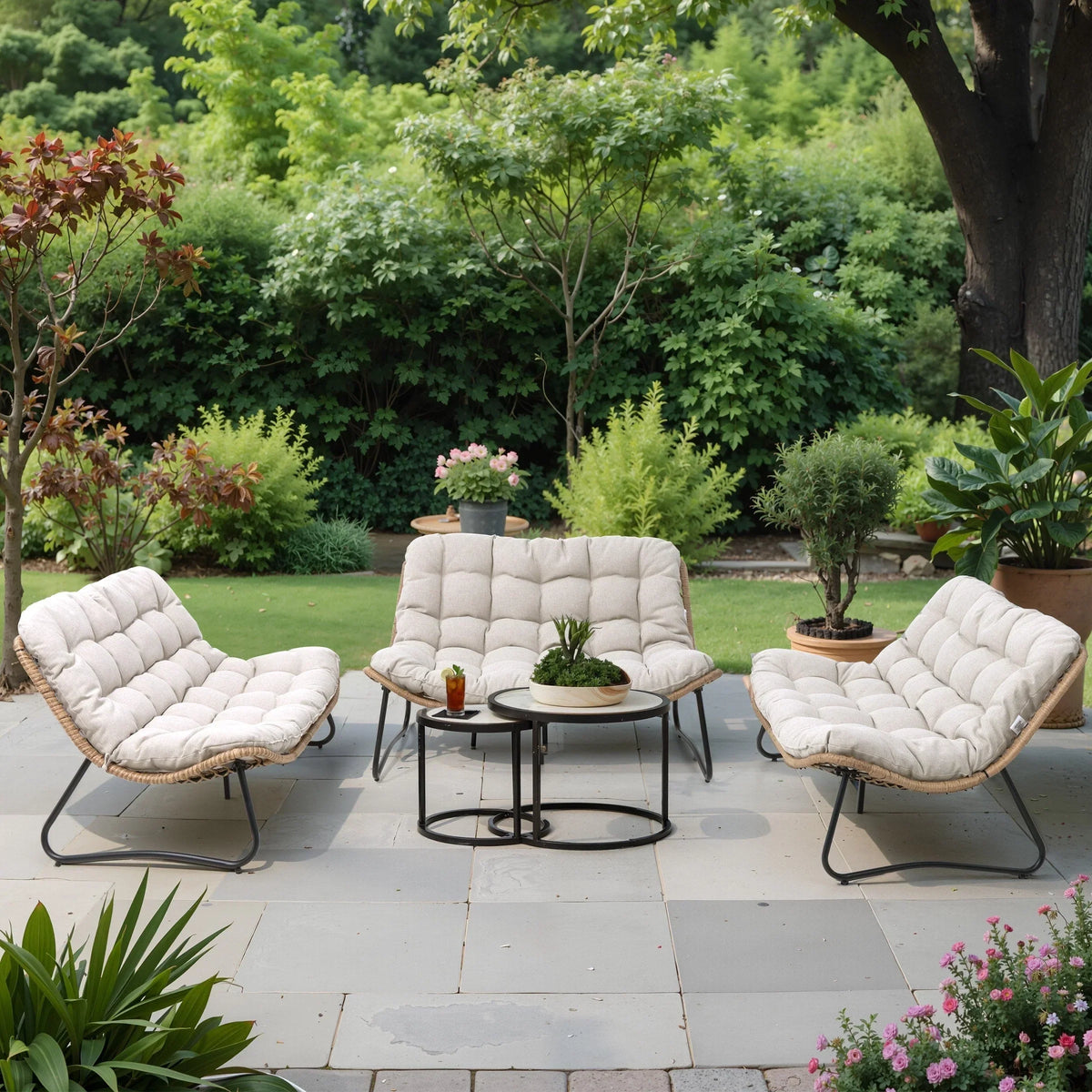Dubbele papasan-loveseat met kussen, weerbestendig PE-rotan en metalen frame voor binnen en buiten