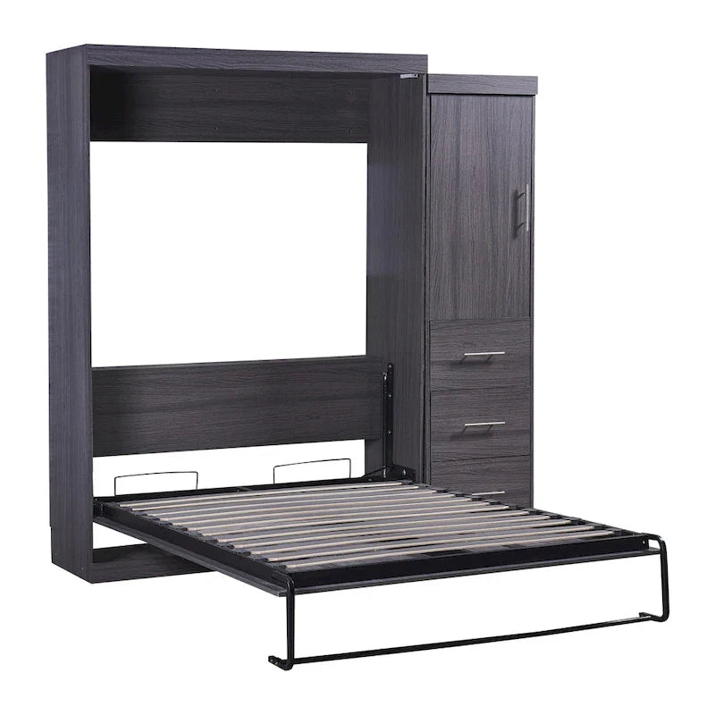 Grijs opklapbaar wandbed met kledingkast en 3 laden, tweepersoonsbed/eenpersoonsbed, voor 1 persoon