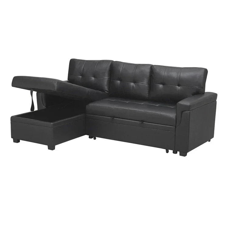 Canapé d’angle convertible et réversible avec lit escamotable, méridienne avec rangement dissimulé et pieds robustes