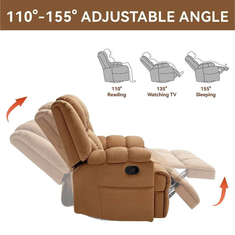 Fauteuil inclinable manuel vert surdimensionné avec fonction pivotante et à bascule, revêtement en tissu