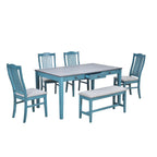 Eetkamerset van hout, 6-delig, met 4 stoelen en een bankje, tafel met lade