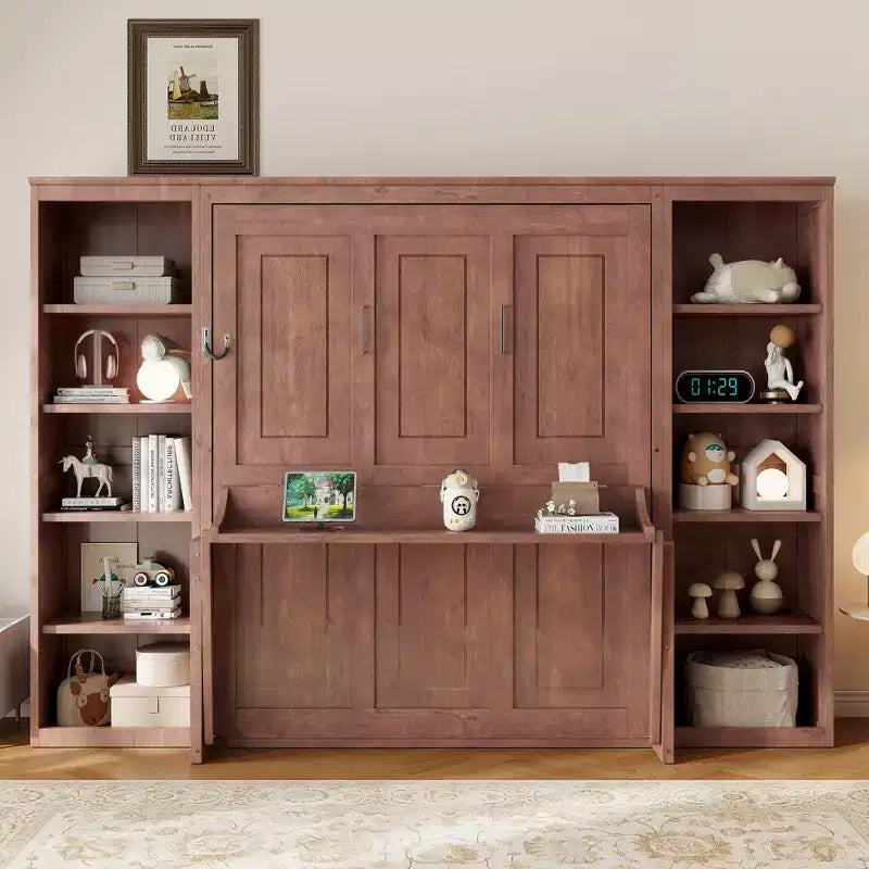 Opklapbed voor een tweepersoonsbed/queensize bed, ruimtebesparend wandbed met bureau en boekenkast, donkerbruin - ModernLuxe