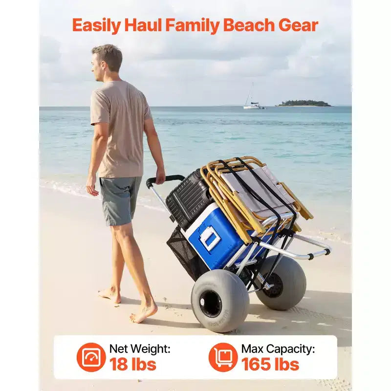 VEVOR Strandwagen mit großen Rädern für Sand, Ladefläche 20 x 15, klappbarer Strandwagen mit 12 Ballonreifen, Tragkraft 165 lbs, Silber+Schwarz