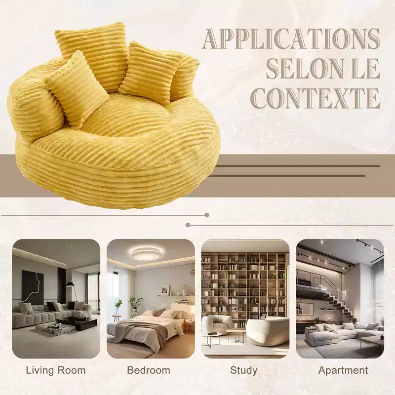 Sofa typu bean bag dla dorosłych i dzieci, duży fotel typu bean bag z sztruksu, 3 poduszkami i podłokietnikami do salonu lub sypialni