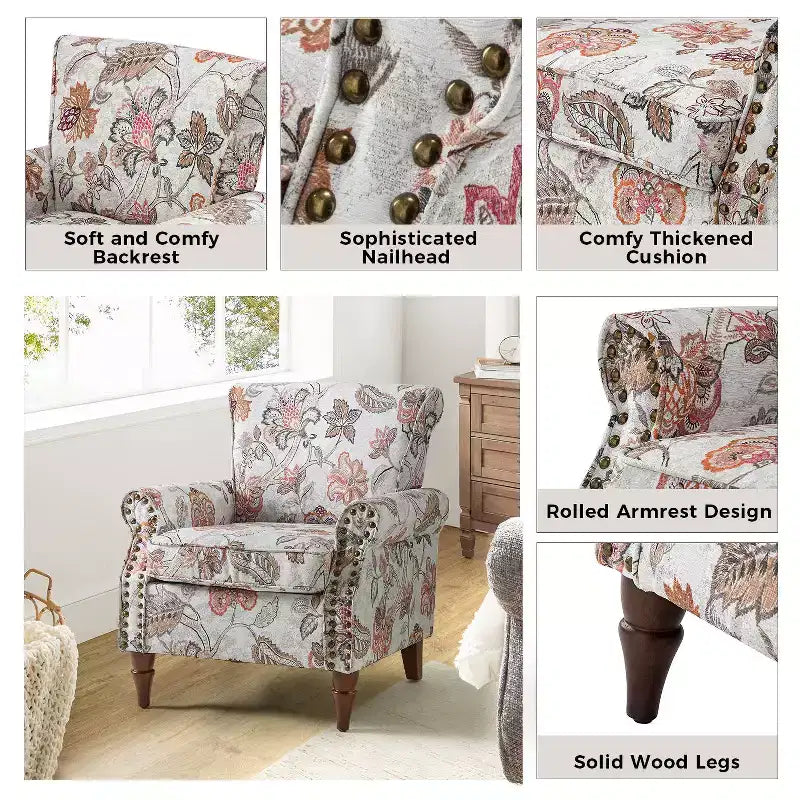 Araceli traditionele houten fauteuil met bloemenstof, hoge rugleuning met vleugels en siernagels| ART OF LIVING DESIGNS
