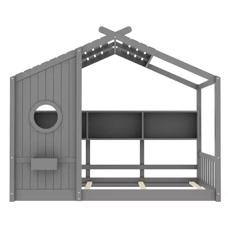 Eenpersoons-/tweepersoonsbed in huisvorm met platformbedframe, peuterbed op de vloer, Montessori-bed voor kinderen, speelhuisbed met opbergplank - ModernLuxe