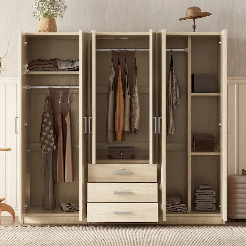 Houten kledingkast met 6 deuren en 3 grote laden voor de slaapkamer