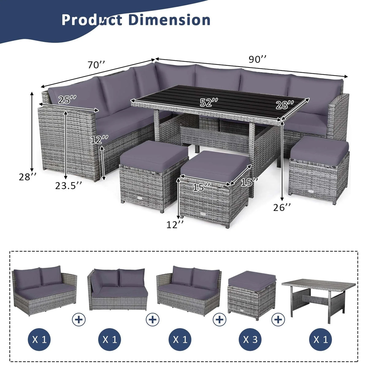 Costway 7-delige diningset van rotan voor het terras, modulaire bank, sofa en voetenbank - bekijk de details