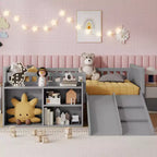 Lit mezzanine bas Whisen format une place pour enfants avec toboggan, bibliothèque de rangement mobile et barrières de sécurité