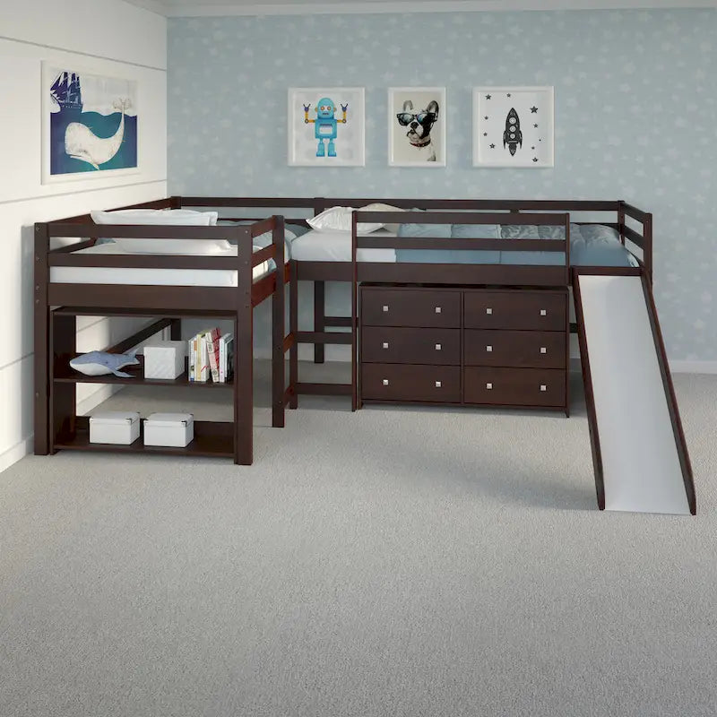 Doppeltes Schlafzimmer-Set mit zwei L-förmig angeordneten Hochbetten und Rutsche in dunklem Cappuccino