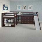 Doppeltes Schlafzimmer-Set mit zwei L-förmig angeordneten Hochbetten und Rutsche in dunklem Cappuccino