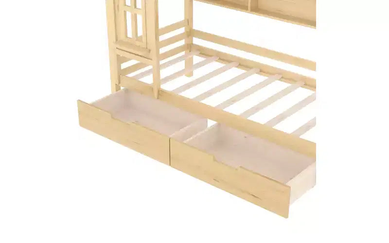 Huisbed met opberglades en raam, frame van massief hout met planken, speels kinderontwerp, lichtwit