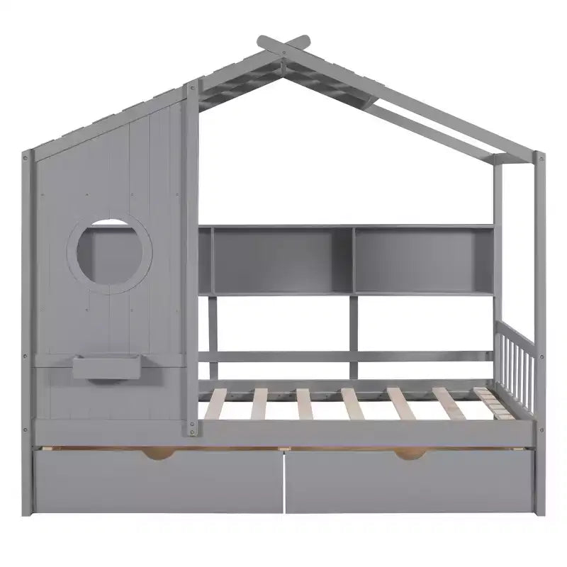 Drewniane łóżko domek w rozmiarze Twin/Full z 2 szufladami, łóżko dziecięce z półką do przechowywania - ModernLuxe