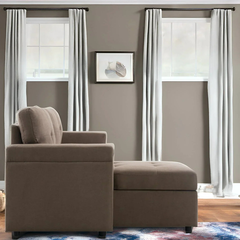 Canapé d’angle convertible et réversible avec lit escamotable, méridienne avec rangement dissimulé et pieds robustes