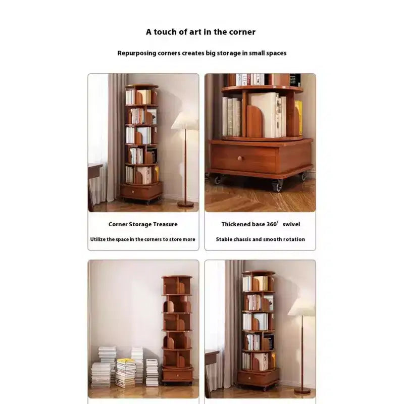 Chic Crate 6-stufiges, um 360° drehbares Eckbücherregal mit Rollen, schmales Bücherregal für kleine Räume, walnussbraun