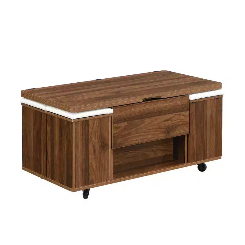 Multifunktionaler moderner Couchtisch mit Hubplatte und verstecktem Stauraum, 4 Hockern und Rollen, perfekt für moderne Wohnräume