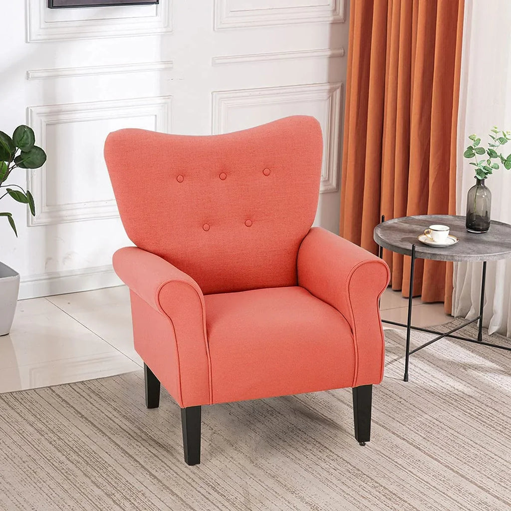 Erommy moderne fauteuil, fauteuil met hoge rugleuning, gestoffeerde eenzitsbank met knopen en houten poten voor de woonkamer