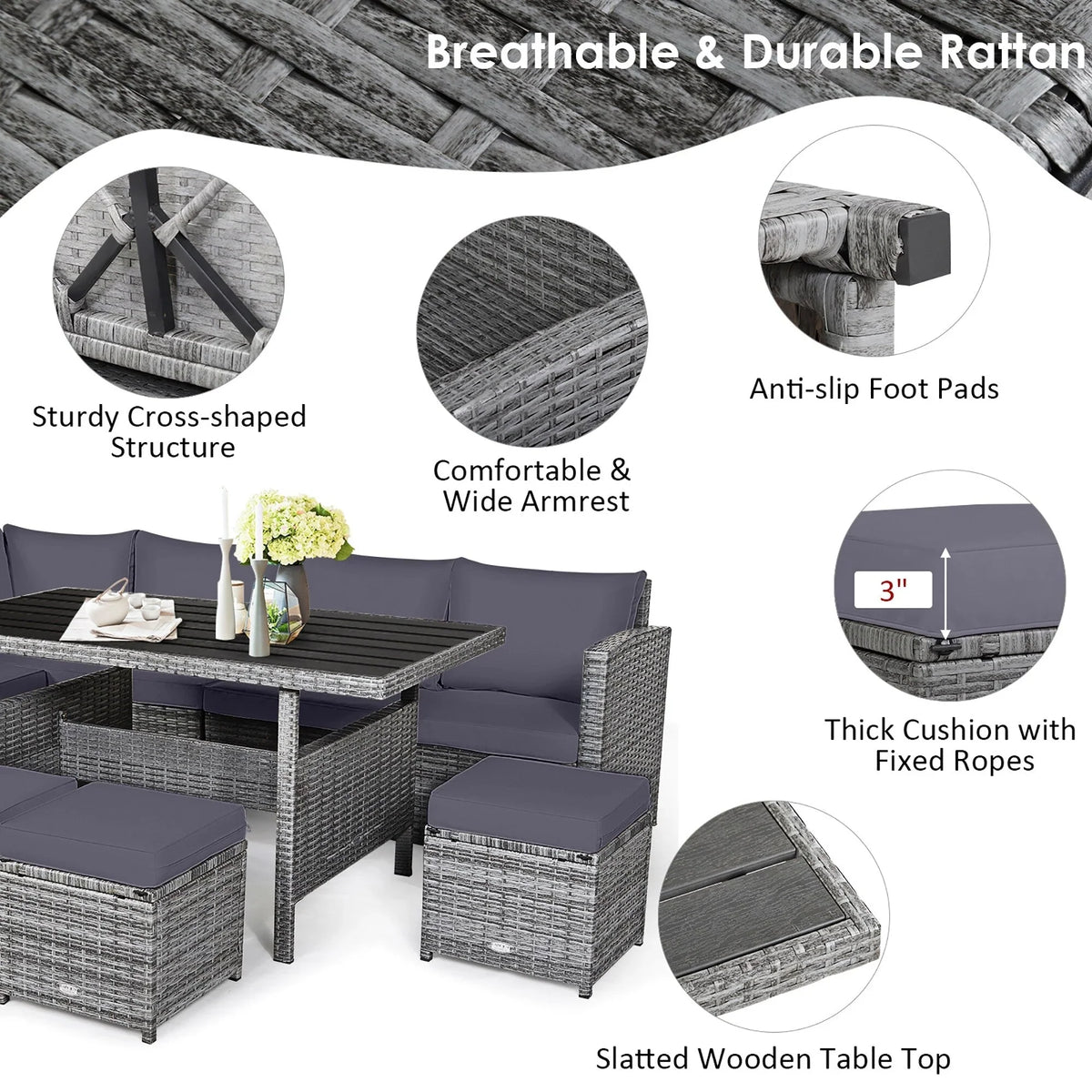 Costway 7-delige diningset van rotan voor het terras, modulaire bank, sofa en voetenbank - bekijk de details