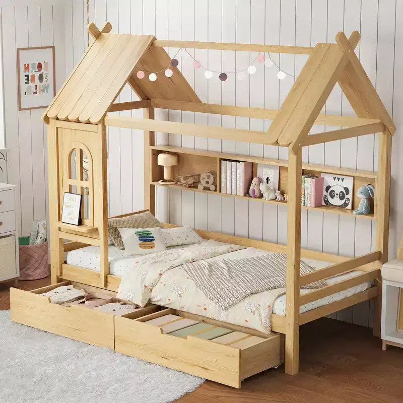 Huisbed met opberglades en raam, frame van massief hout met planken, speels kinderontwerp, lichtwit