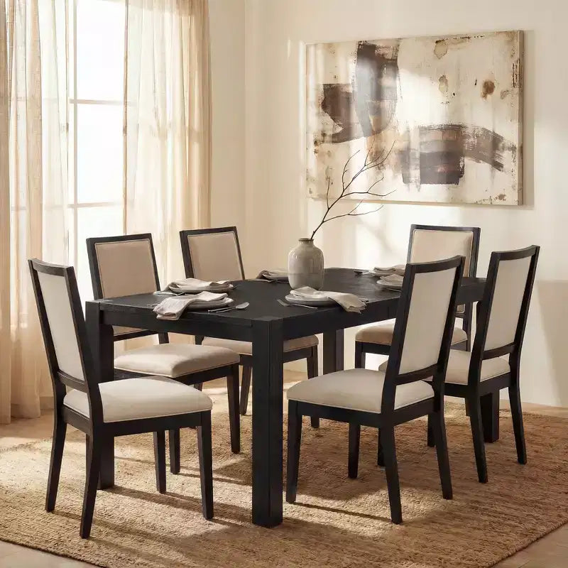 Moderne eetset - 80 tafel + 6 gestoffeerde stoelen, massief houten frame, tafelcapaciteit van 400 lbs, eenvoudig te monteren