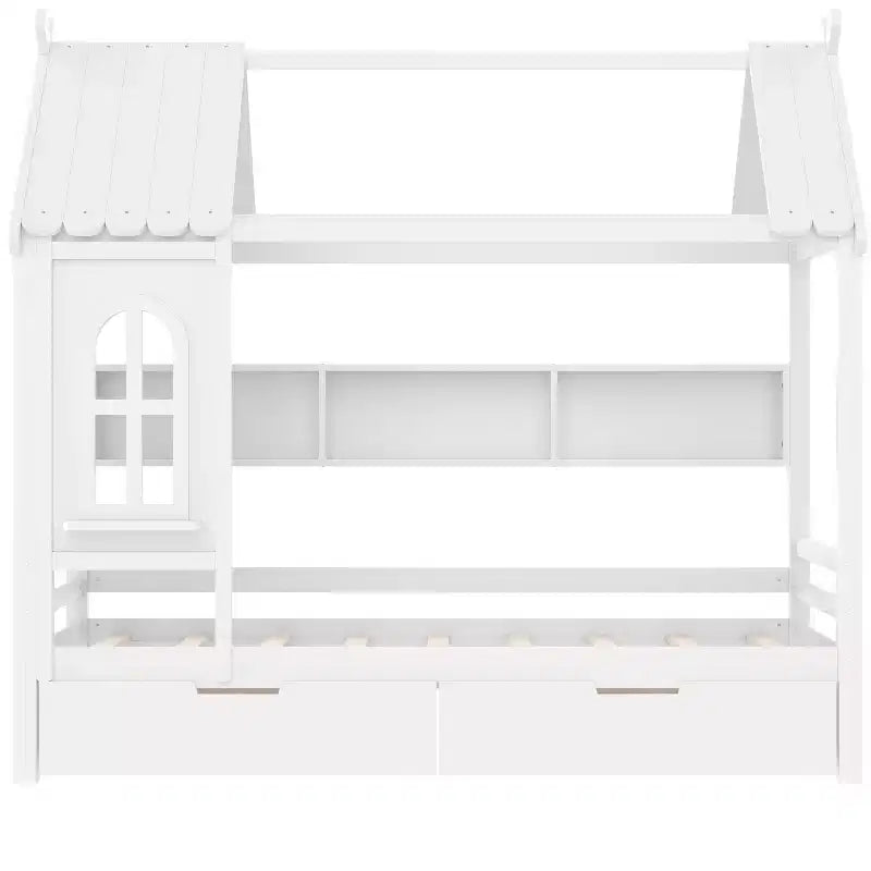 Huisbed met opberglades en raam, frame van massief hout met planken, speels kinderontwerp, lichtwit
