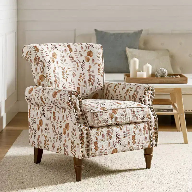 Araceli traditionele houten fauteuil met bloemenstof, hoge rugleuning met vleugels en siernagels| ART OF LIVING DESIGNS