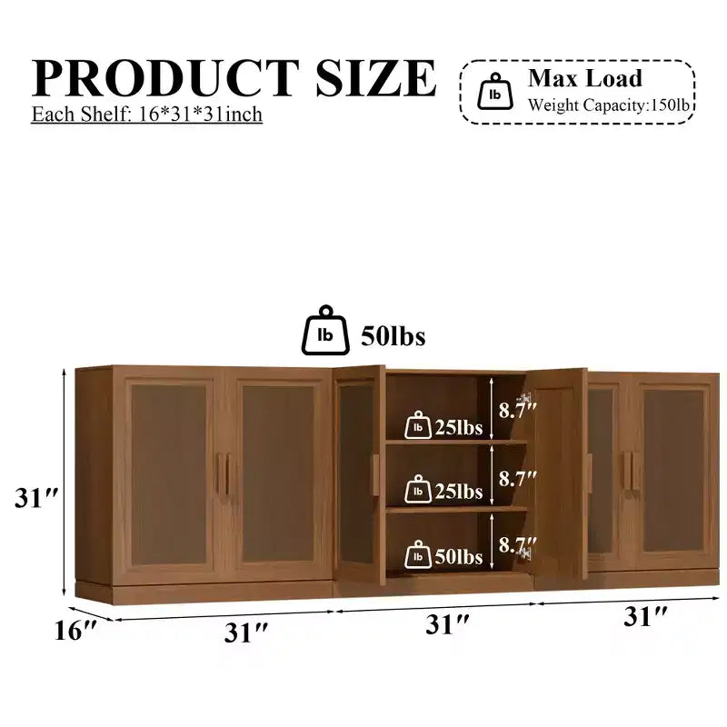 3er-Set Sideboards mit Rattan-Türen und verstellbaren Einlegeböden - 93Lx31H
