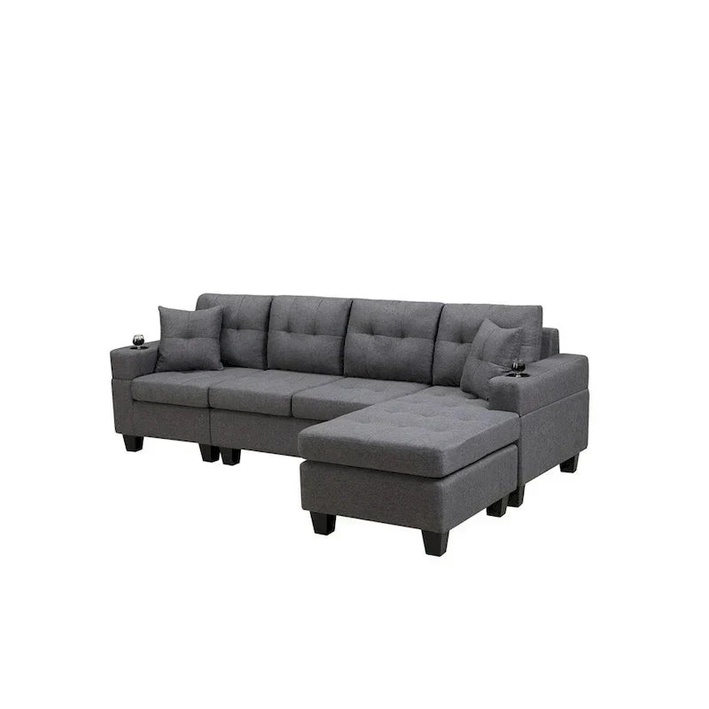 Wohnlandschaft mit L-förmiger Chaiselongue und Getränkehalter