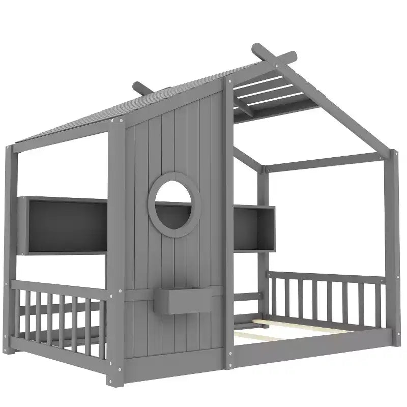 Eenpersoons-/tweepersoonsbed in huisvorm met platformbedframe, peuterbed op de vloer, Montessori-bed voor kinderen, speelhuisbed met opbergplank - ModernLuxe