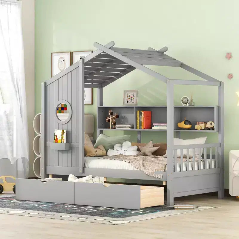 Drewniane łóżko domek w rozmiarze Twin/Full z 2 szufladami, łóżko dziecięce z półką do przechowywania - ModernLuxe