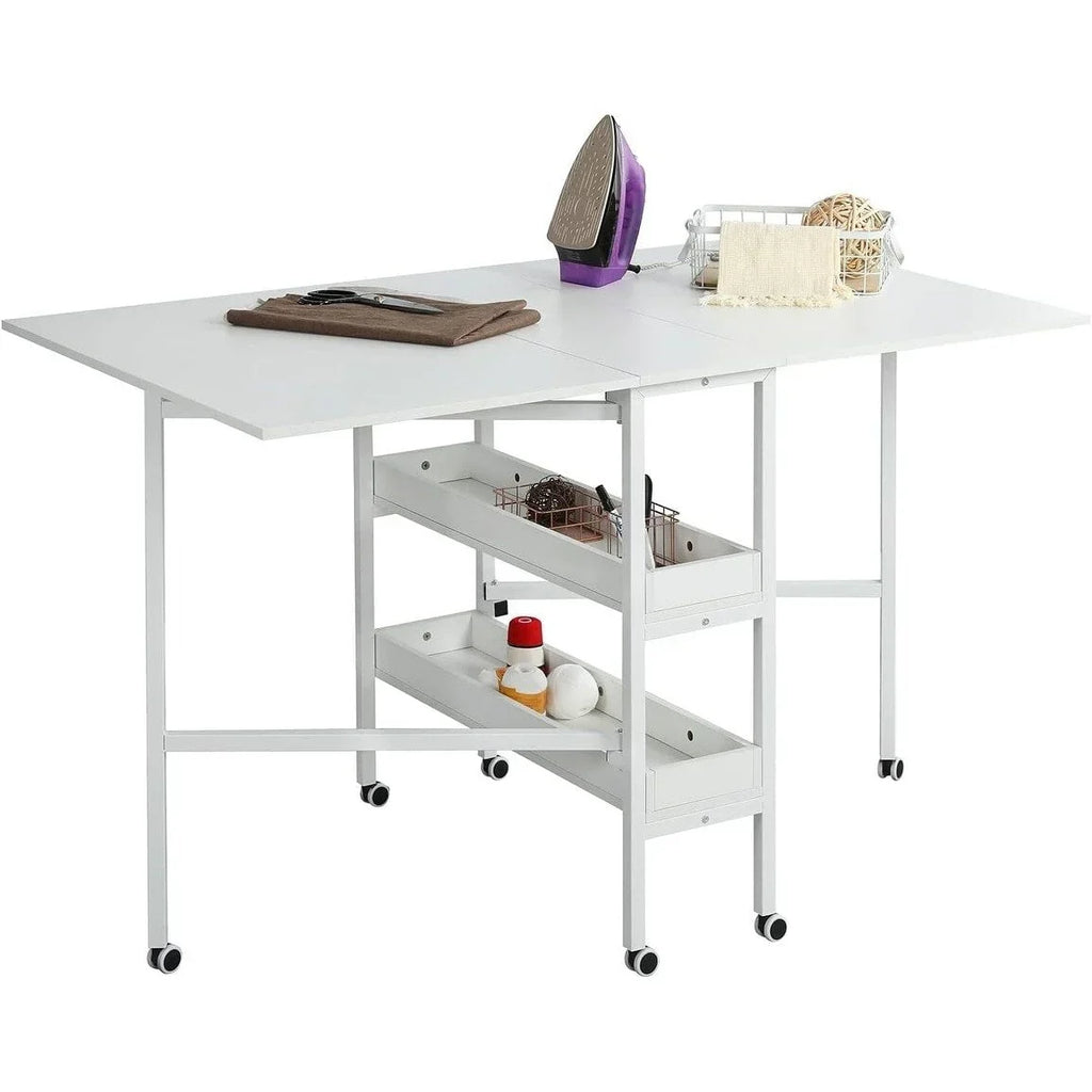 In hoogte verstelbare knutseltafel met opbergplanken, mobiele opvouwbare snijtafel voor thuiskantoor, naaikamer of hobbykamer