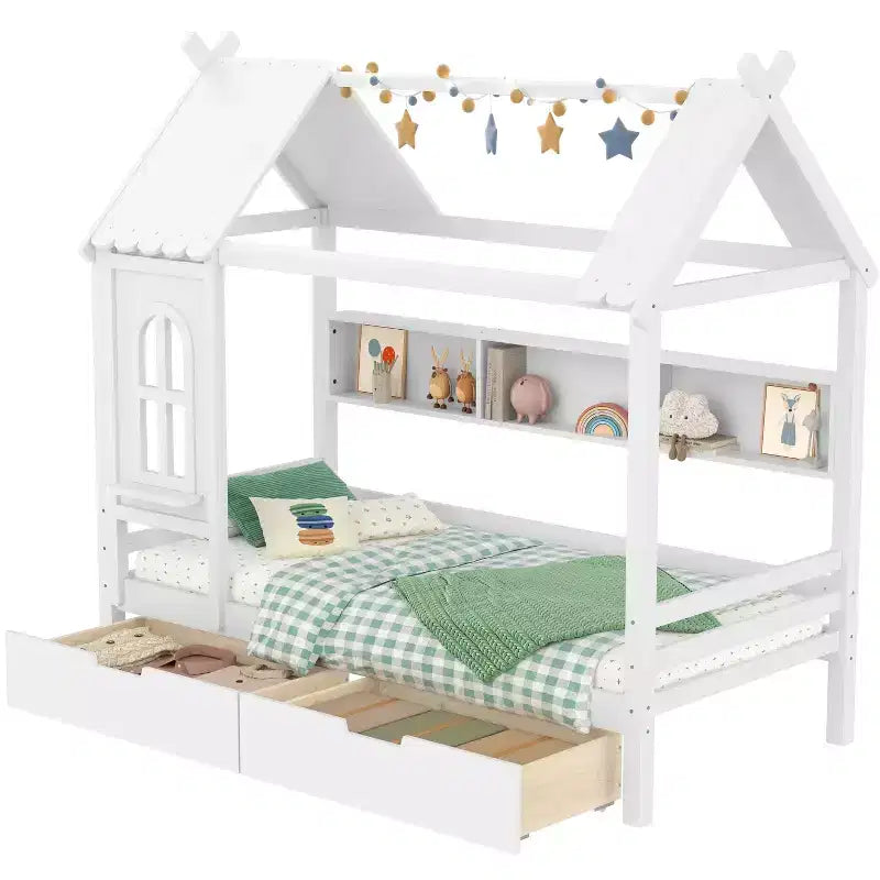 Huisbed met opberglades en raam, frame van massief hout met planken, speels kinderontwerp, lichtwit