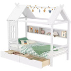 Huisbed met opberglades en raam, frame van massief hout met planken, speels kinderontwerp, lichtwit
