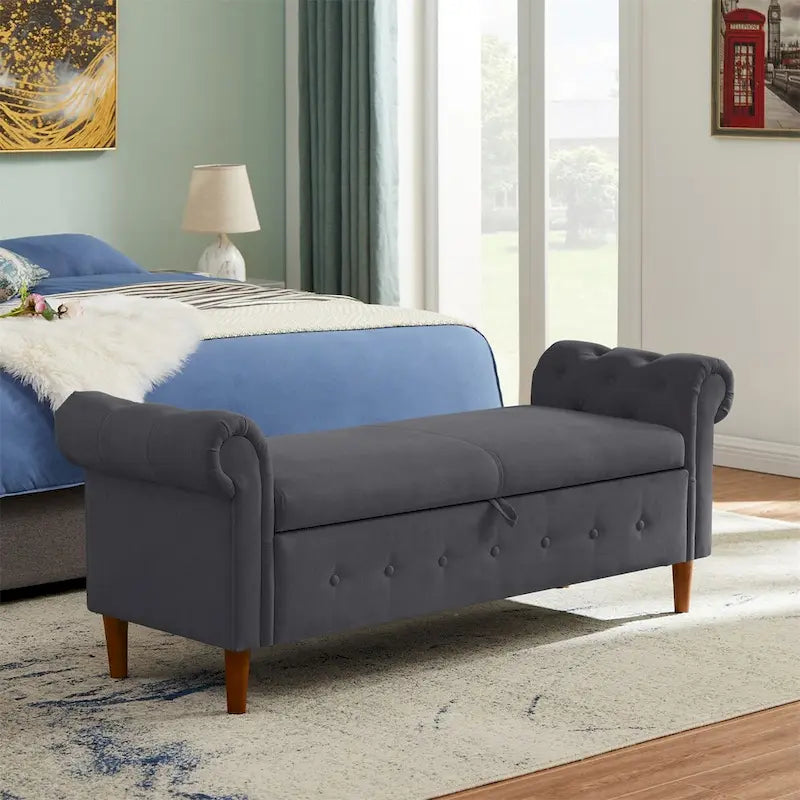 Aufbewahrungsbank fürs Schlafzimmer am Fußende des Bettes, Samt-Ottomane mit gerollten Armlehnen, langes Sofa