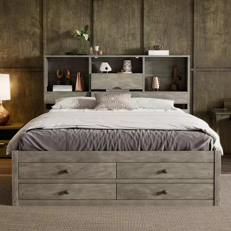 Queen-Size-Platformbett mit Ablage und 8 Schubladen, einfacher Aufbau
