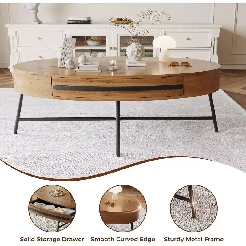 Acekool ovale salontafel met lade, houten opbergtafel van 47.2 met metalen kruispoten, modern tafelblad uit het midden van de vorige eeuw in naturel en gouden wilg