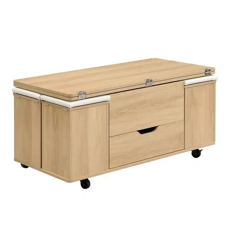 Multifunktionaler moderner Couchtisch mit Hubplatte und verstecktem Stauraum, 4 Hockern und Rollen, perfekt für moderne Wohnräume