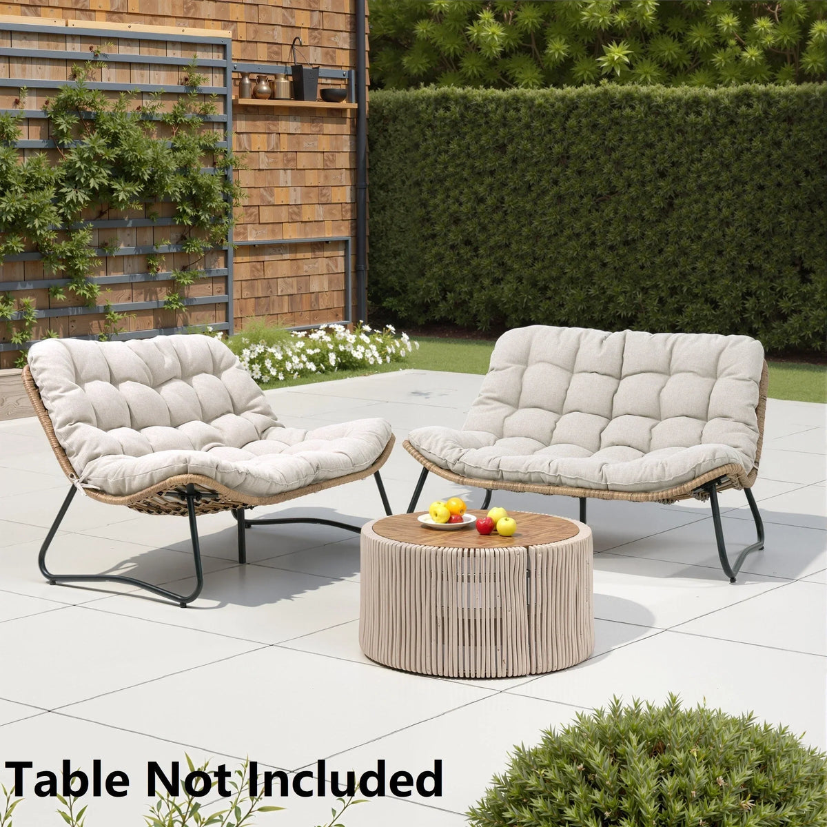 Dubbele papasan-loveseat met kussen, weerbestendig PE-rotan en metalen frame voor binnen en buiten
