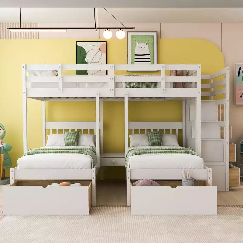 Whisen Etagenbett mit Doppelbett über Einzelbett, dreistöckiges Holzetagenbett mit Schubladen und Schutzgittern