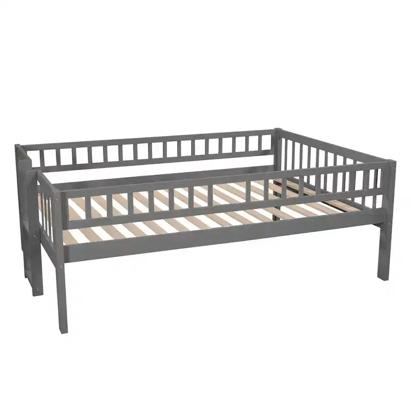 Dreifach-Etagenbett mit zwei Doppelbetten, umbaubarer Leiter und Rutsche, mit Schutzgittern, Weiß/Grau/Espresso - ModernLuxe