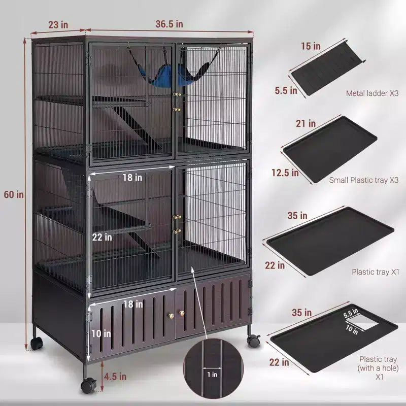 Kleine-dierenkooi, frettenkooi - leefomgeving van 59' met 5 niveaus en opbergkast, inclusief hangmat, wielen, afneembare oprijplaten en eenvoudig schoon te maken bakken