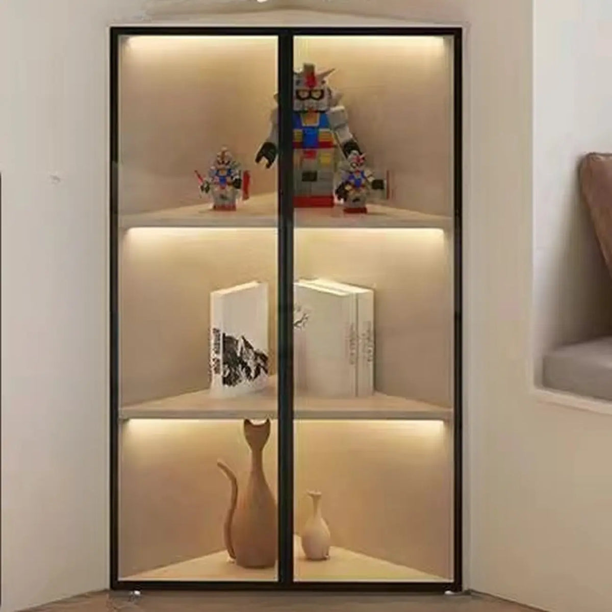 Vitrine d'angle moderne en métal et bois gris avec porte vitrée