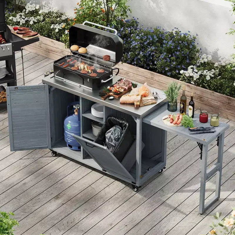 FAMYYT buitenkeukeneiland van 78.3 inch met roestvrijstalen werkblad, inklapbaar BBQ-station en opbergkasten, grijsblauw