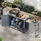 FAMYYT buitenkeukeneiland van 78.3 inch met roestvrijstalen werkblad, inklapbaar BBQ-station en opbergkasten, grijsblauw