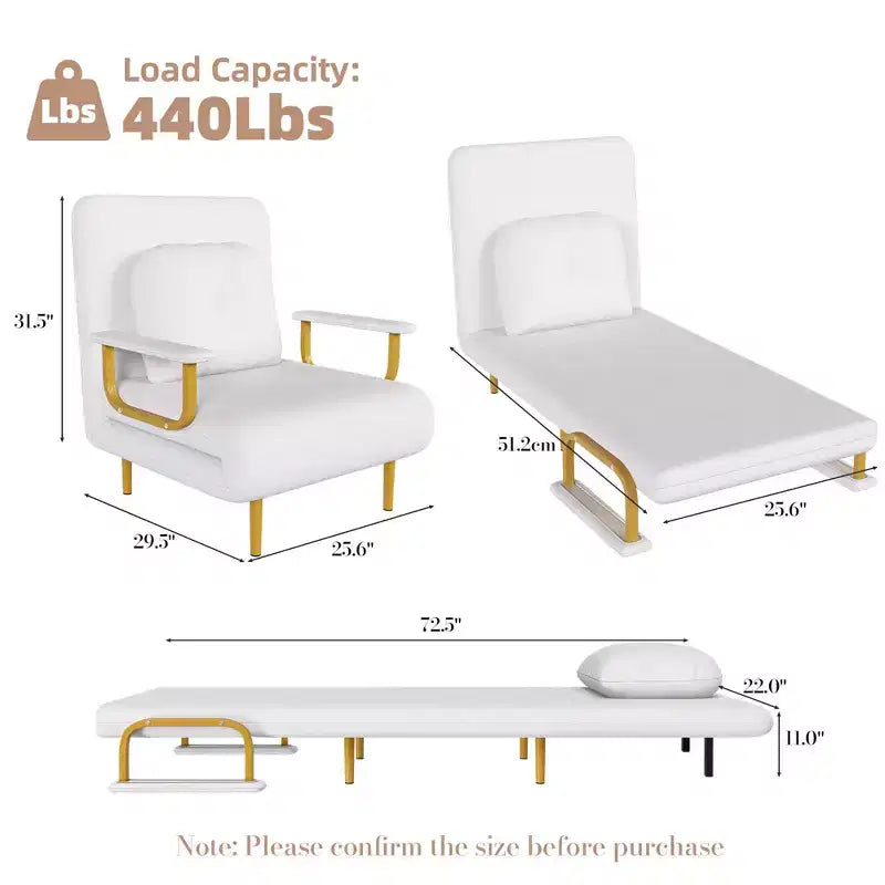 Klappbares Schlafsofa 3-in-1 mit umwandelbarem Sessel - 5-fach verstellbare Rückenlehne mit Kissen, platzsparender Schlafsessel für Wohnzimmer, Schlafzimmer und Büro (Weiß)