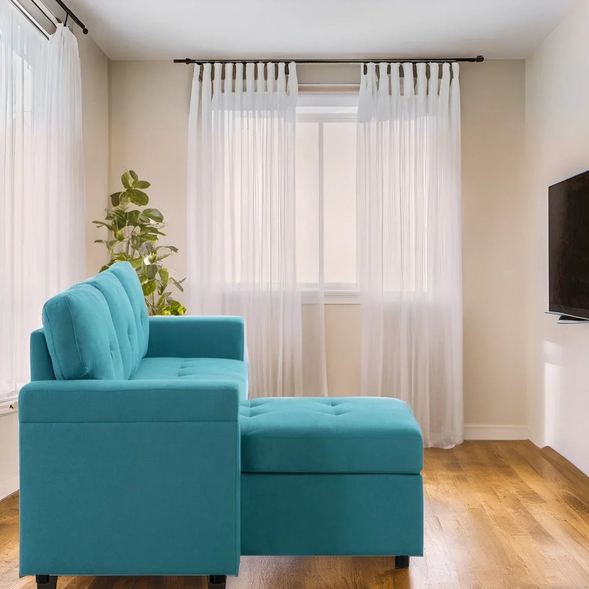 Canapé d’angle convertible et réversible avec lit escamotable, méridienne avec rangement dissimulé et pieds robustes