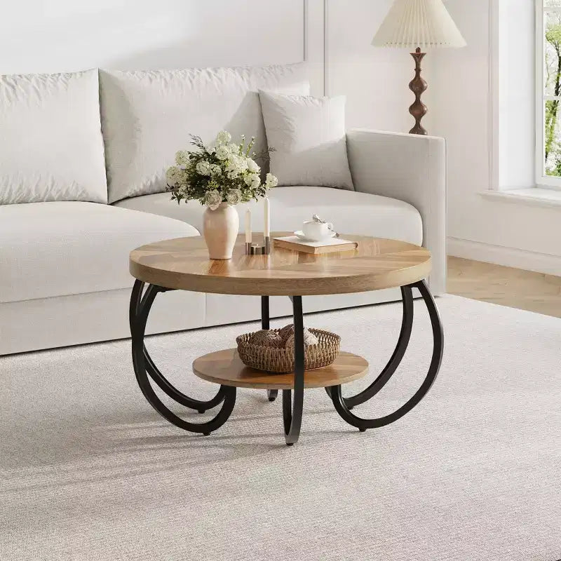 Runder Couchtisch im Industrial-Stil, 30 Inch, 2 Ablagen, verstellbare Füße, Ablage in Holzoptik, Flammendesign, einfacher Aufbau, Wohnzimmer
