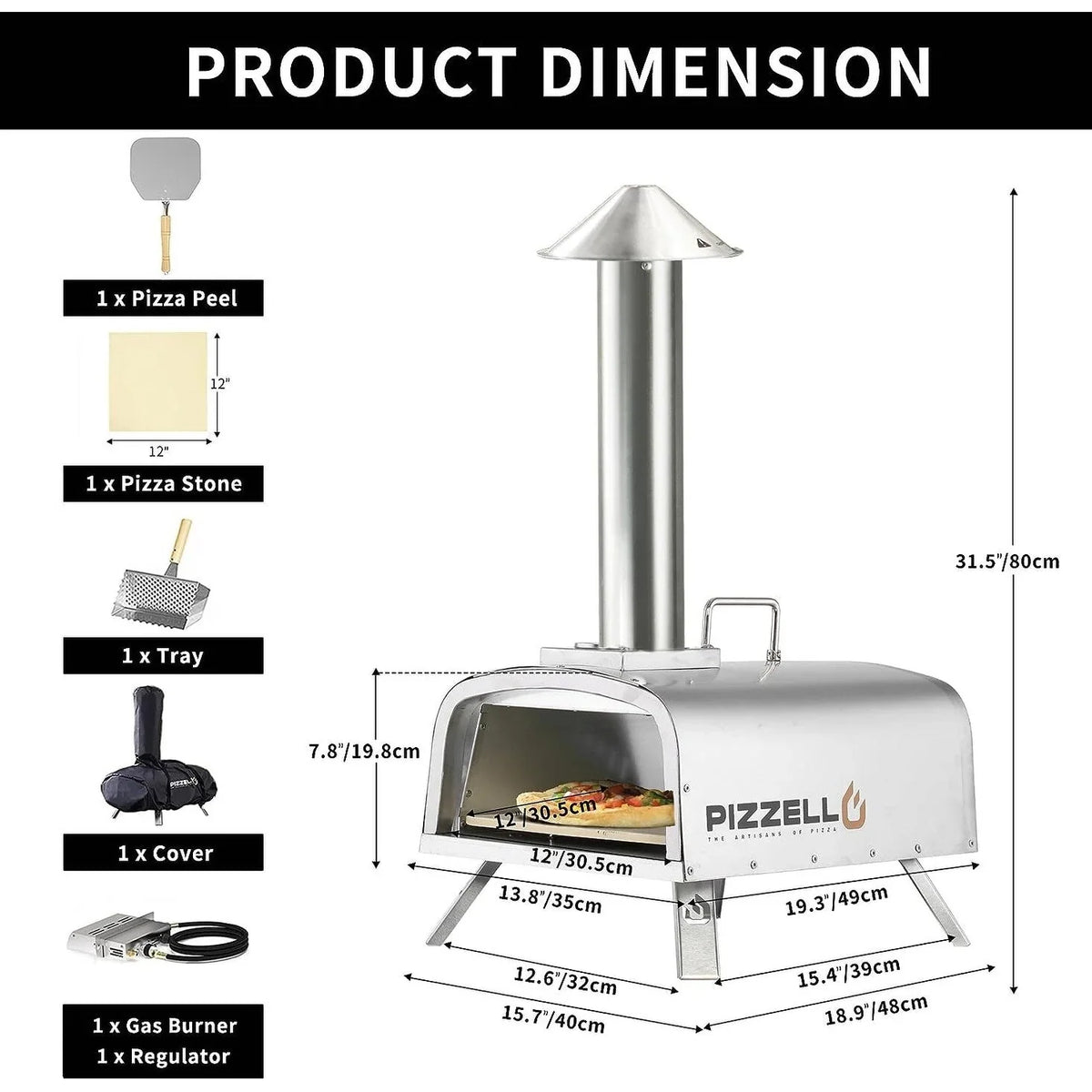 Multibrandstof-pizzaoven voor buiten, voor steenovenpizza, met gasbrander en houtbox - 12 inch