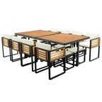 18-teiliges Garten-Esszimmer-Set aus Akazienholz, 8 gepolsterte Stühle, 8 Hocker und 2 quadratische Tische