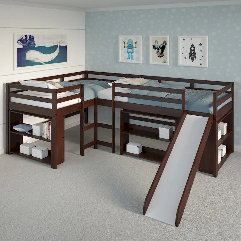 Doppeltes Schlafzimmer-Set mit zwei L-förmig angeordneten Hochbetten und Rutsche in dunklem Cappuccino